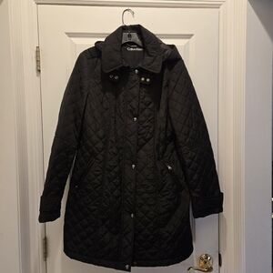 Calvin Klein Coat L Black Hooded Jacket Quilted Zip Front Pockets Collared Long